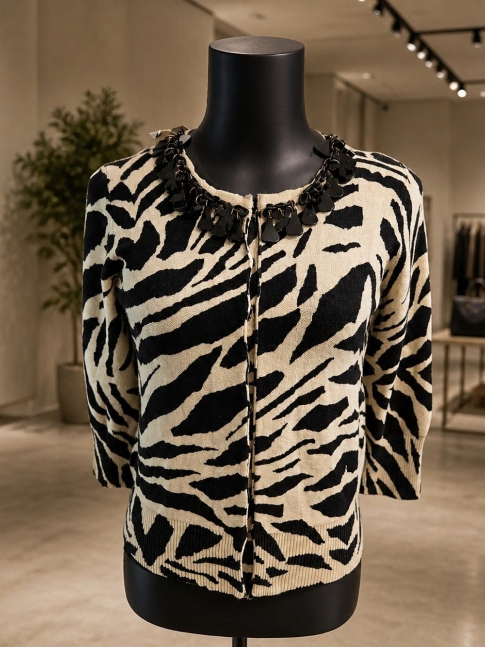 Tracy Reese Size S Animal Print Cardigan Sweater Beige Black Cotton Top